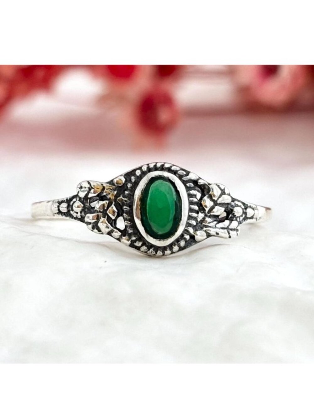 Green Emerald Foliage Framed Southwest Sterling Silver 925 Vintage Ring - sz 7.5